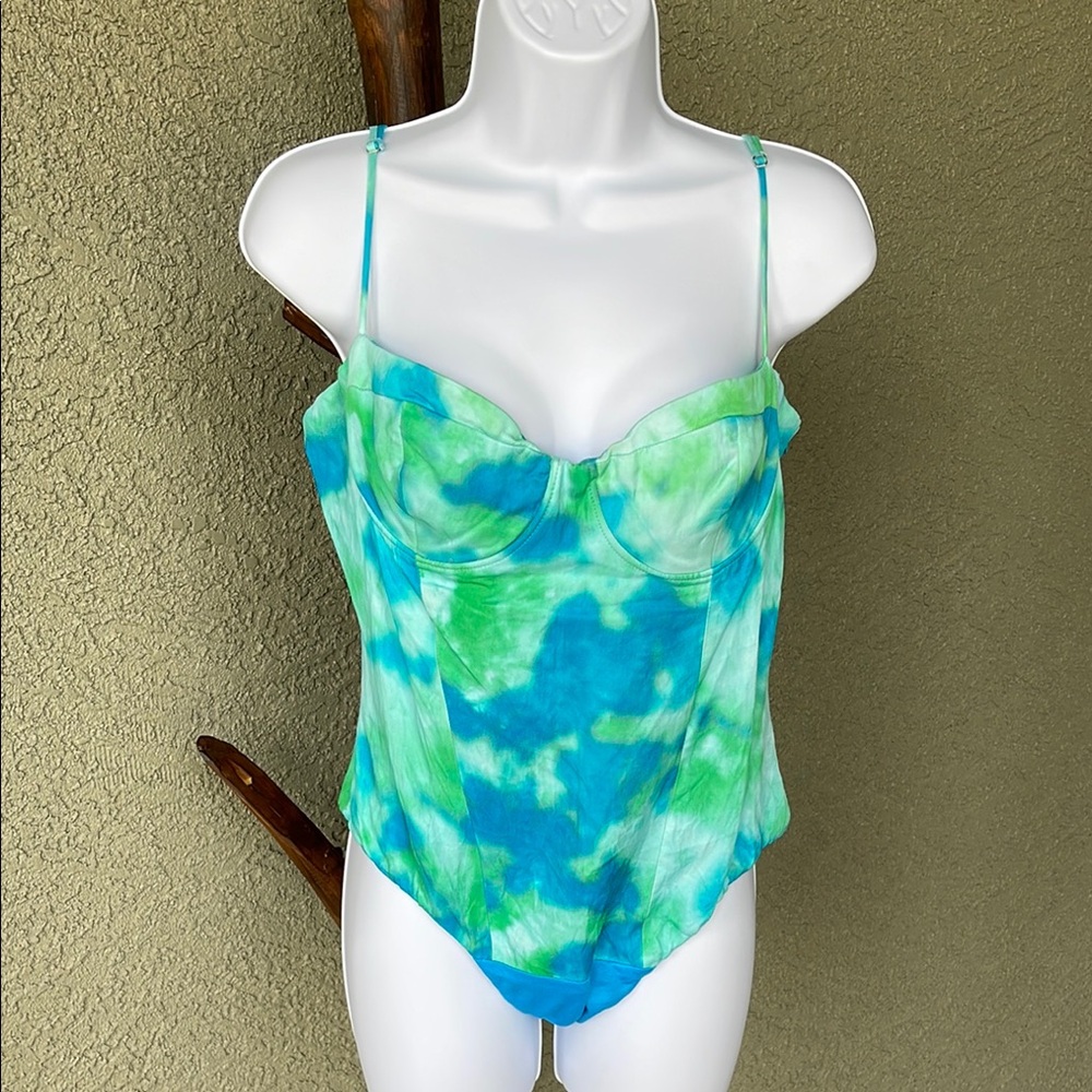 No.149 Zara Blue and Green Bodysuit with Tie-Dye Effect Size Large